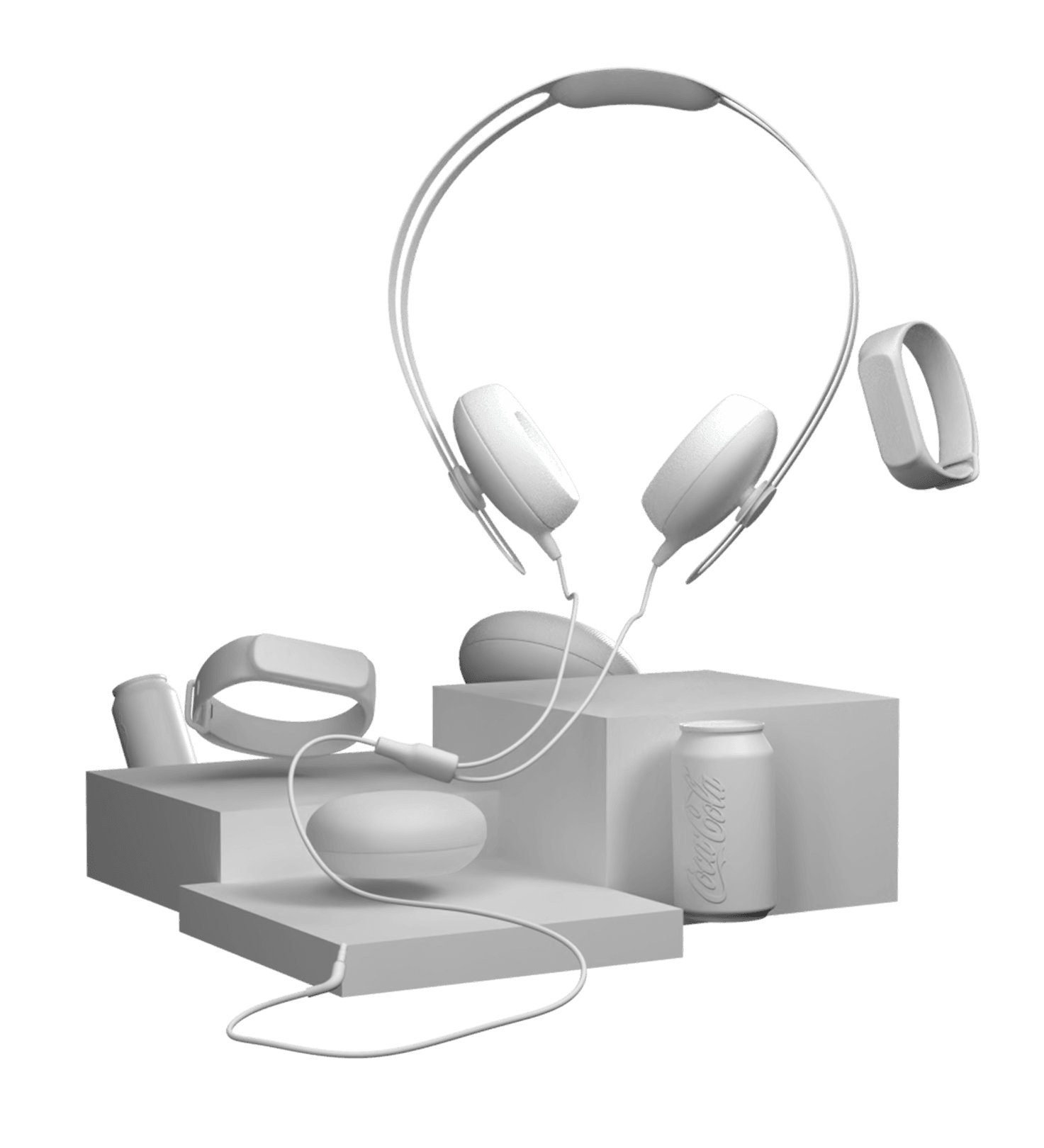 headphone and other products like watch and coke can in white texture